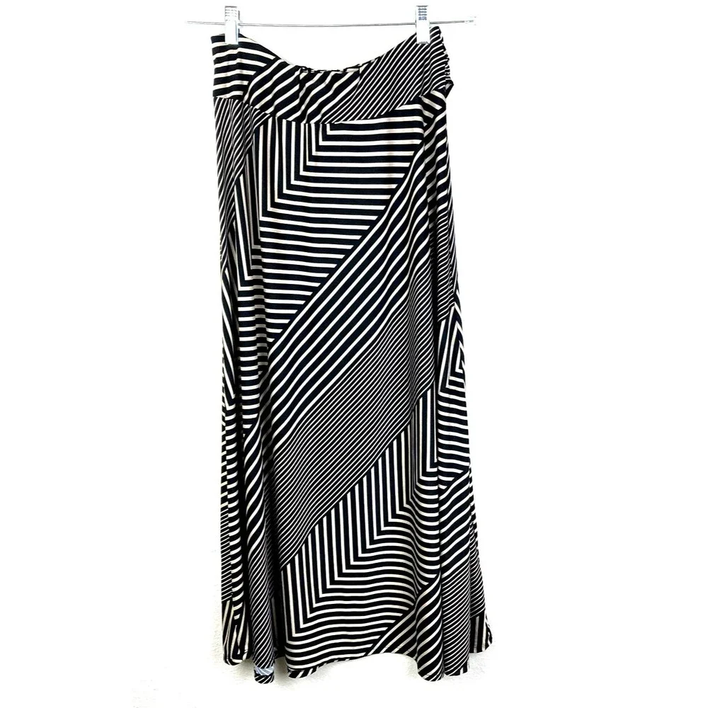 Robert Louis Women's A-Line Maxi Skirt Size M Tan Black Striped Faux Belt